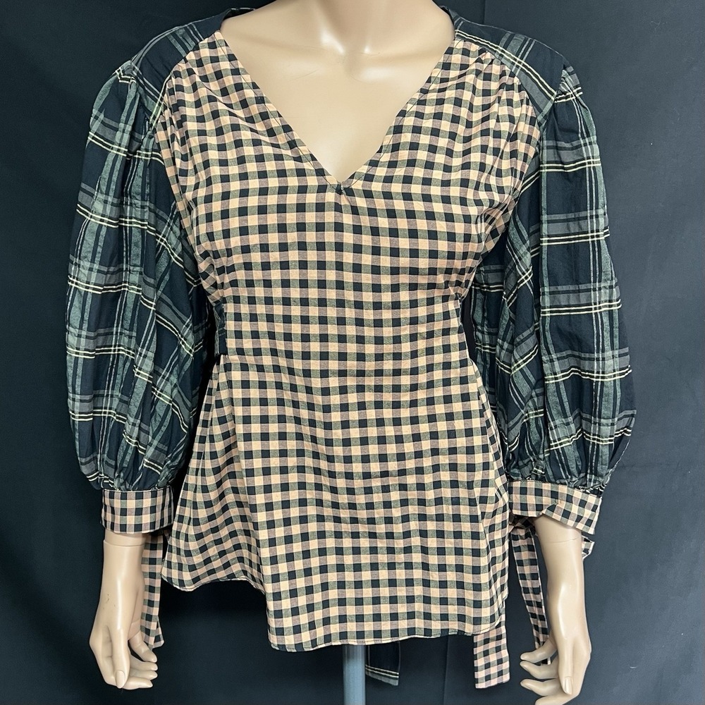 Asos Top Womens 6 Checkered Plaid Mix Match V Neck‎ Puff Sleeve Bow Ties Belt